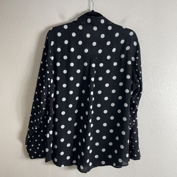 Express Womens XL Black White Polka Dot Button Up Roll Tab Sleeve Blouse - Picture 9 of 10